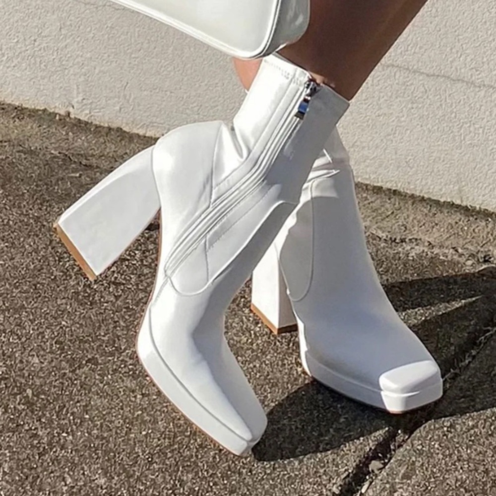 Princess Polly | Eastern Boots White | Heeled Boots with Chunky Block Heel